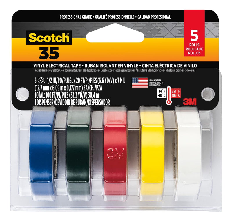 Scotch 10457DS 616241993522 35 Electrical Tape, Multi-Color Value Pack, 5 Rolls, 1 Pack, Multicolor, 5 Count