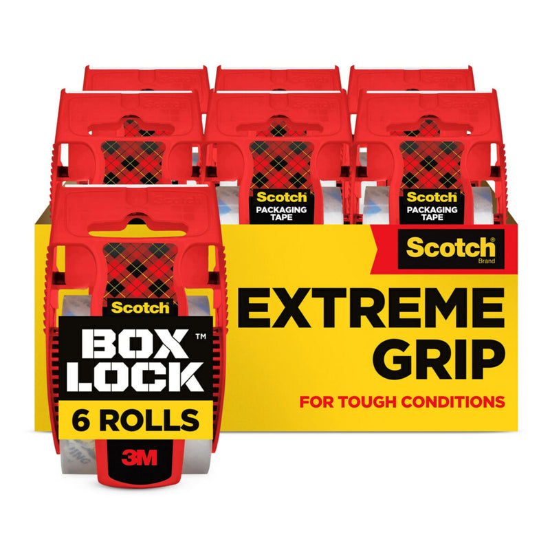 Scotch Box Lock Packing Tape, Clear, Extreme Grip Box Packaging Tape for Shipping and Mailing, 1.88 in. x 22.2 yd., 6 Rolls with Dispensers