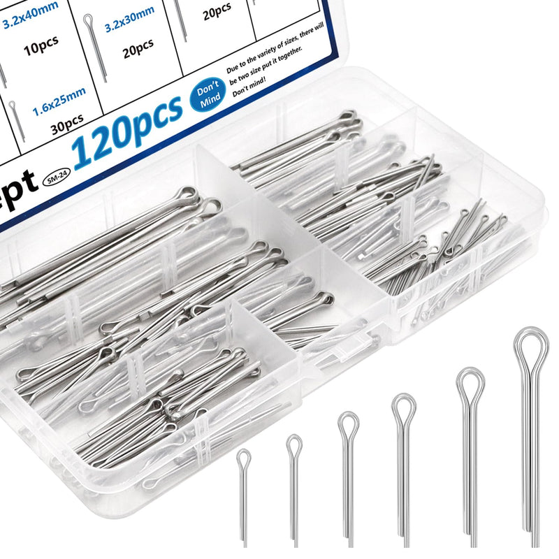 [Australia - AusPower] - 120pcs 6-Sizes 304 Stainless Steel Cotter Pins Cotter Pins Assortment Kit Hitch Pin Clip Tractor Cotter Pin Used for Hitch Pin Lock System, Trucks, Engine Repair in Towing Hitch Clips & Pins 120 