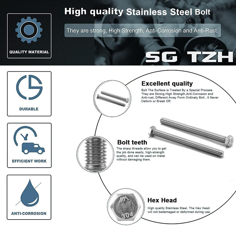 [Australia - AusPower] - 3/8-16 x 1/2" Hex Head Screw Bolt, 10Pcs 18-8 (304) Stainless Steel, Fully Threaded, Plain Finish, by SG TZH 10 3/8-16 x 1/2" 
