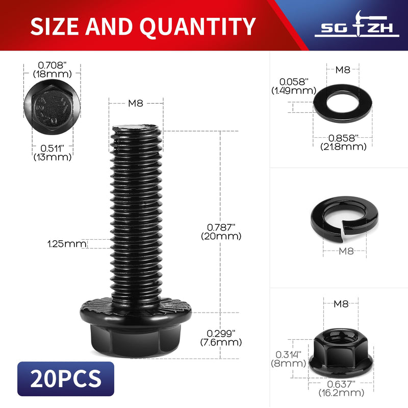 [Australia - AusPower] - M8 x 20mm Flanged Hex Head Bolts, Nuts, Flat & Lock Washers, 20Pcs 18-8 (304) Stainless Steel, Fully Threaded, Black Oxide by SG TZH 20 M8 x 20mm 