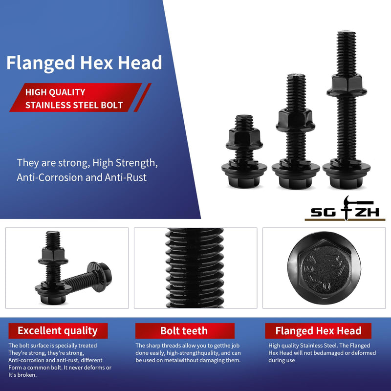 [Australia - AusPower] - M8 x 20mm Flanged Hex Head Bolts, Nuts, Flat & Lock Washers, 20Pcs 18-8 (304) Stainless Steel, Fully Threaded, Black Oxide by SG TZH 20 M8 x 20mm 