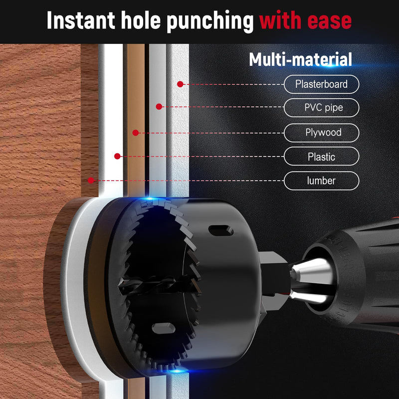 [Australia - AusPower] - 12-Piece Hole Saw Kit, Includes 8 Sizes (3/4" to 2-1/2"), Arbors, Drill Bits, and Hex Key, Ideal for Softwood, Plywood, and PVC (Black) Black 
