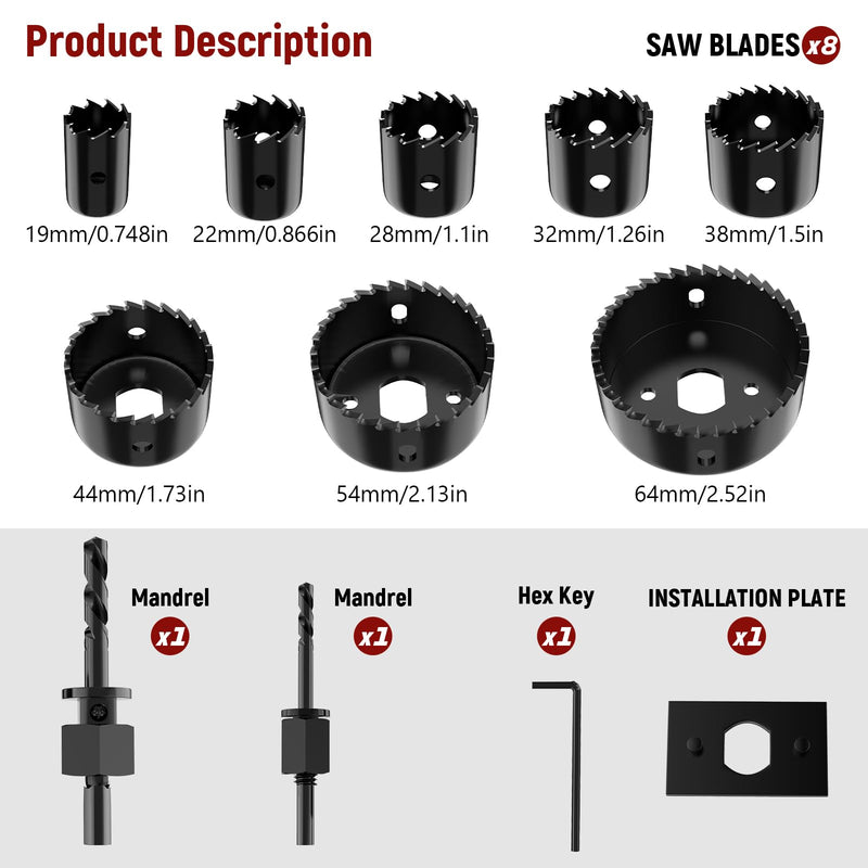 [Australia - AusPower] - 12-Piece Hole Saw Kit, Includes 8 Sizes (3/4" to 2-1/2"), Arbors, Drill Bits, and Hex Key, Ideal for Softwood, Plywood, and PVC (Black) Black 