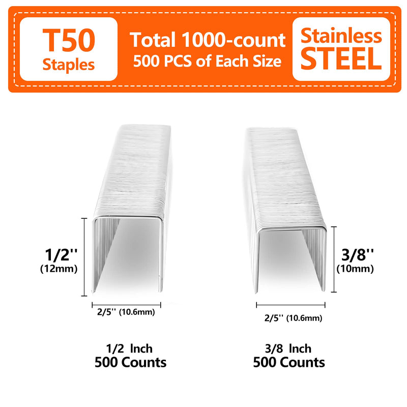 [Australia - AusPower] - Heavy Duty Stainless Steel T50 Staples 1000-Count 2 Sizes for Staple Gun, Includes: 3/8", 1/2" Assortment, Combo kit 