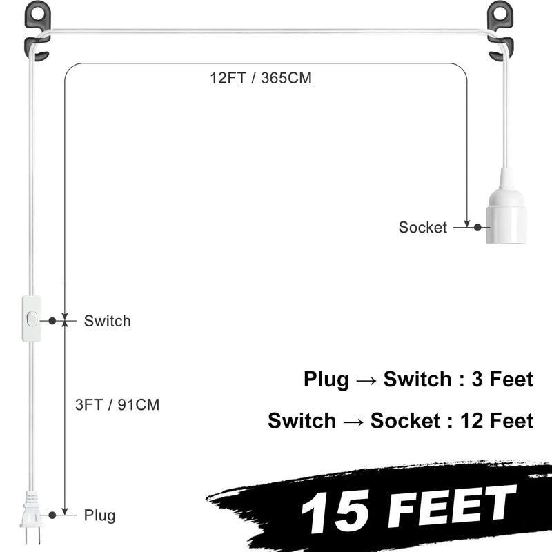 [Australia - AusPower] - Light Bulb Cord 15Ft - White, Hanging Light Cord with E26 Light Bulb Socket, On/Off Switch, Polarized Plug, Hanging Lantern Cord, Plug in Pendant Light Cord (No Bulb) 15 
