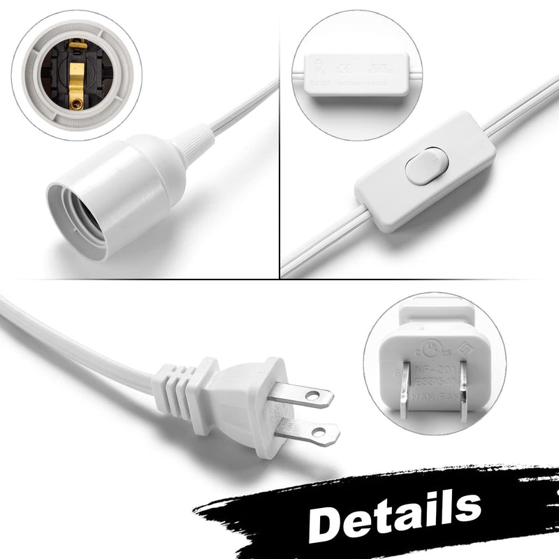 [Australia - AusPower] - Light Bulb Cord 15Ft - White, Hanging Light Cord with E26 Light Bulb Socket, On/Off Switch, Polarized Plug, Hanging Lantern Cord, Plug in Pendant Light Cord (No Bulb) 15 