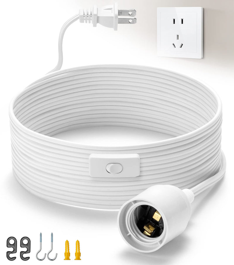 [Australia - AusPower] - Light Bulb Cord 15Ft - White, Hanging Light Cord with E26 Light Bulb Socket, On/Off Switch, Polarized Plug, Hanging Lantern Cord, Plug in Pendant Light Cord (No Bulb) 15 