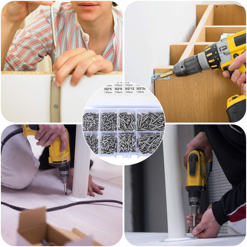 [Australia - AusPower] - 800 Pcs M2 Flat Head Self Tapping Screws, Small Cross Drive Head Self Tapping Woodworking Fastener Screws, Carbon Steel Self Drilling Screws Assortment Kit, 4/5/6/8/10/12/16/20mm 