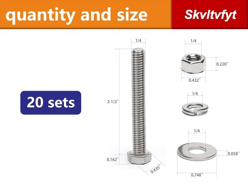 [Australia - AusPower] - (20 Sets) 1/4-20 x 2-1/2" Hex Head Screw Bolt, Nuts, Flat Washer & Spring Lock Washers, 18-8 (304) Stainless Steel, Fully Threaded, by Skvltvfyt 1/4-20x2-1/2" (20 Sets) 