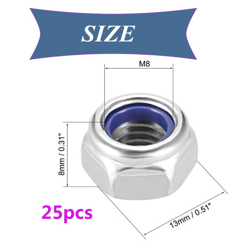 [Australia - AusPower] - M8x1.25mm Nylon Lock Nuts,SpzcdZa 25pcs 304 Stainless Steel Nylon Insert Hex Lock Nuts for Industrial and Construction Fasteners M8 