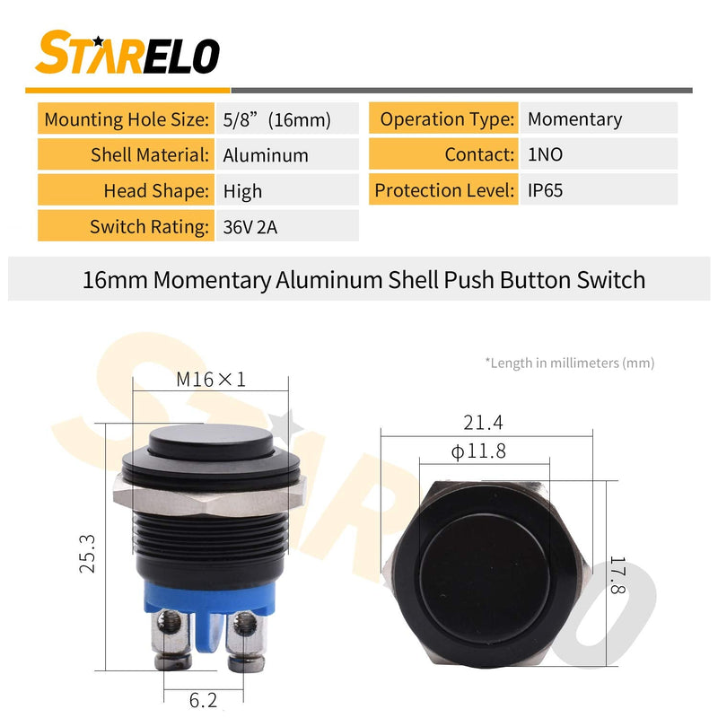 [Australia - AusPower] - STARELO 16MM 5/8" Momentary Push Button Switch High Round 250V AC 5A 12V 36V DC 2A 1NO SPST Waterproof Aluminum Shell(Black). Black 