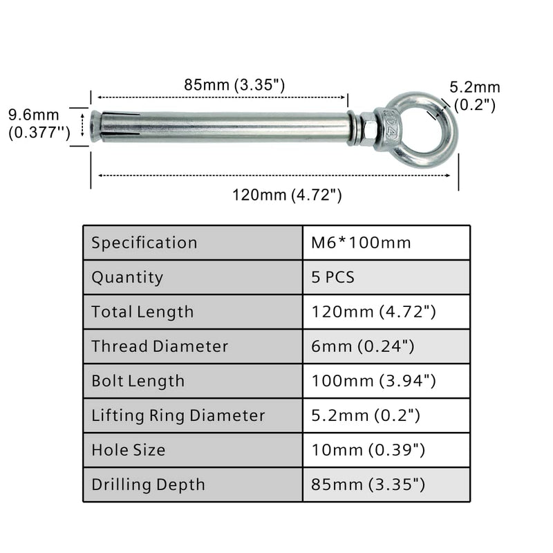 [Australia - AusPower] - M6x100mm Ring Lifting Expansion Anchor Eyebolt 5 Pack Expansion Bolts Ceiling Hook Heavy Duty Bolts Anchor Fastener 304 Stainless Steel for Concrete Brick Wall M6*100 