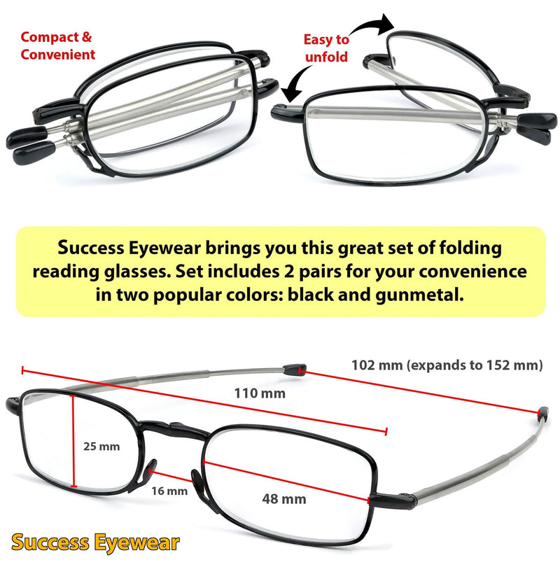 [Australia - AusPower] - Reading Glasses 2 Pair Black and Gunmetal Readers Compact Folding Unisex Glasses for Reading Case Included Bundle: Set of Black and Gunmetal With 2 Cases 2.5 x 