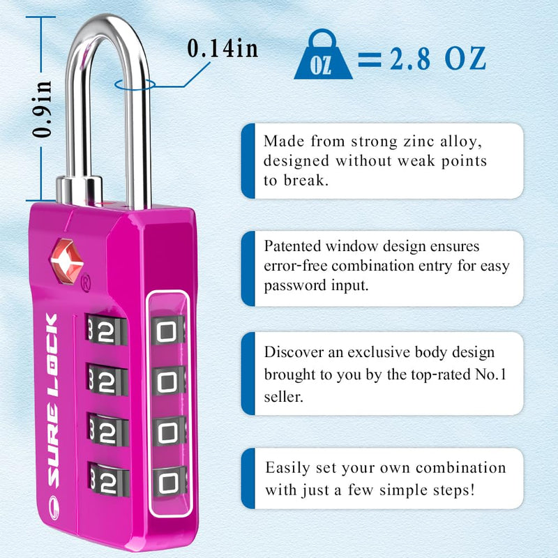 [Australia - AusPower] - TSA Approved Travel Luggage Locks, Open Alert Combination Lock for School Office & Gym Locker,Toolbox, Pelican Case,Easy Read Dials- 1, 2 & 4 Pack PINK 1 PACK 