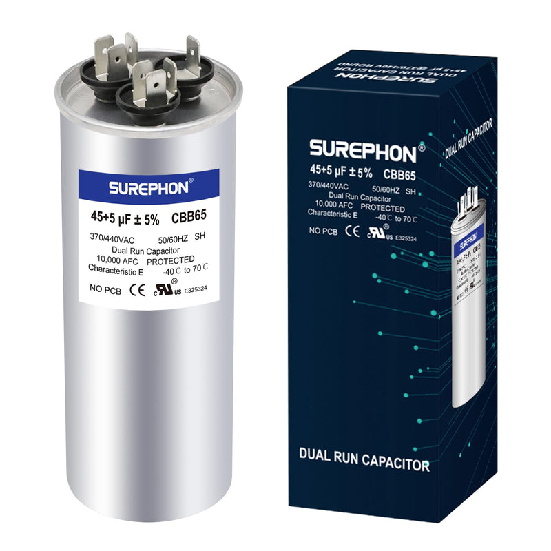 [Australia - AusPower] - 45+5 uF 45/5 MFD ±5% 370V/440VAC Dual Run Start Capacitor CBB65 Works for AC Unit Fan Motor Start or Heat Pump or Condenser Straight Cool 45+5MFD NEW 