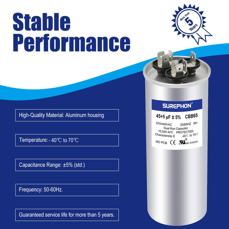 [Australia - AusPower] - 45+5 uF 45/5 MFD ±5% 370V/440VAC Dual Run Start Capacitor CBB65 Works for AC Unit Fan Motor Start or Heat Pump or Condenser Straight Cool 45+5MFD NEW 