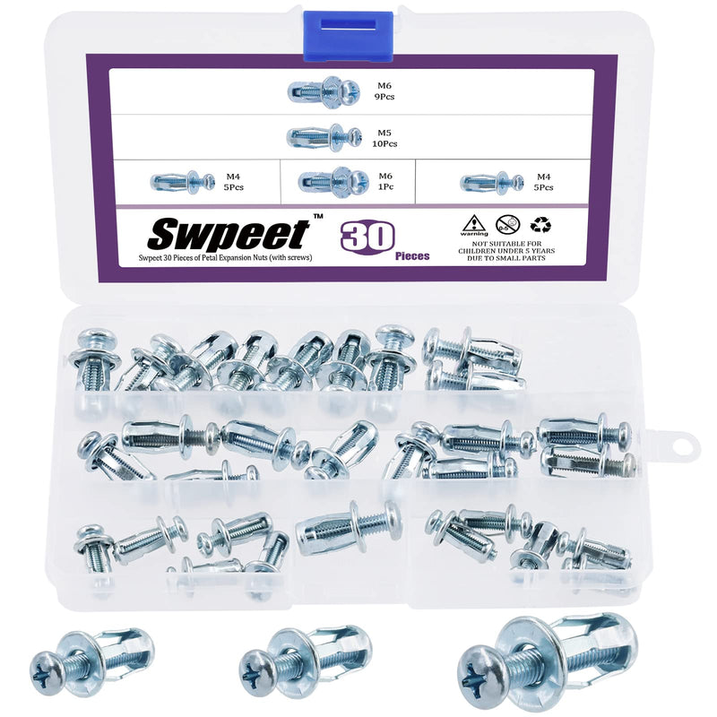 [Australia - AusPower] - Swpeet 30Pcs M4 M5 M6 Jack Nuts Petal Nuts Expansion Nut Thins Fixings Dowels with Screws Assembly for Hollow Wall Iron Skin Line Use in Thin Soft Wall (Assortment Kit) Assortment Kit 