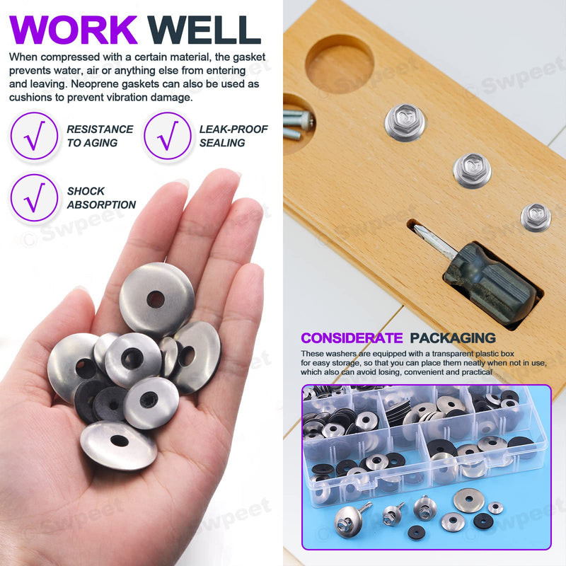 [Australia - AusPower] - Swpeet 195Pcs 8 Sizes #8#10#12#14 Stainless Steel Neoprene EPDM Bonded Sealing Washers Gasket Assortment Kit, Rubber Bonded Sealing Washers for 8# 10# 12# 14# Screws Assortment Kit (195PCS) 