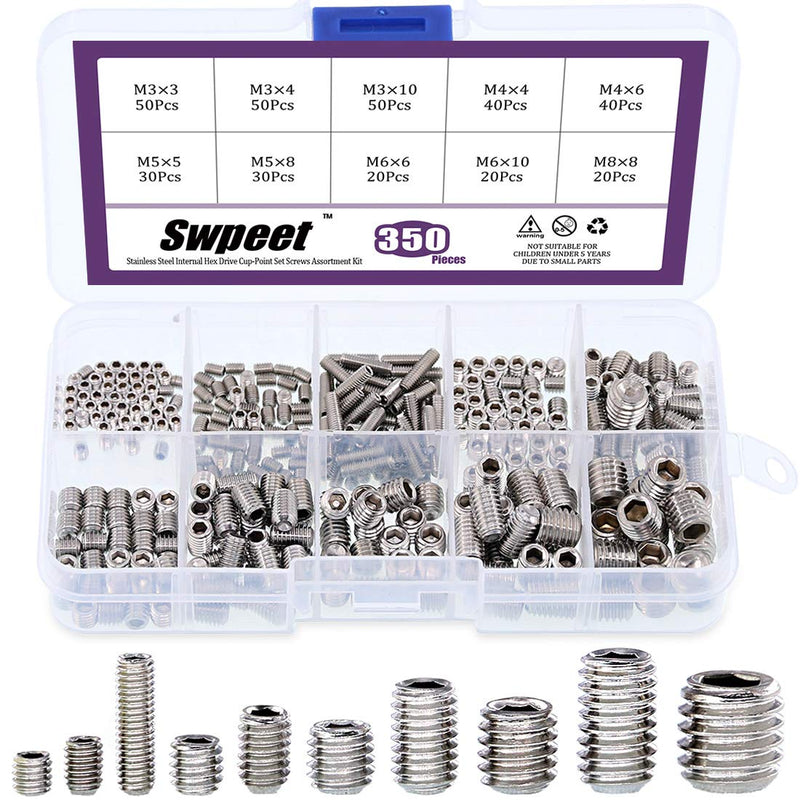 [Australia - AusPower] - Swpeet 350 Pcs Stainless Steel Allen Head Socket Hex Grub Screw Assortment Kit, Including 10 Sizes M3/4/5/6/8 Stainless Steel Internal Hex Drive Cup-Point Set Screws for Door Handles 