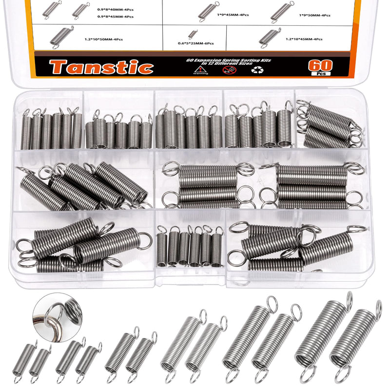 [Australia - AusPower] - Tanstic 60Pcs 12 Sizes Extension Spring Assortment Kit Extension Spring Assorted Size Small Springs Stainless Steel Extension Spring for Home Repairs and DIY 60 
