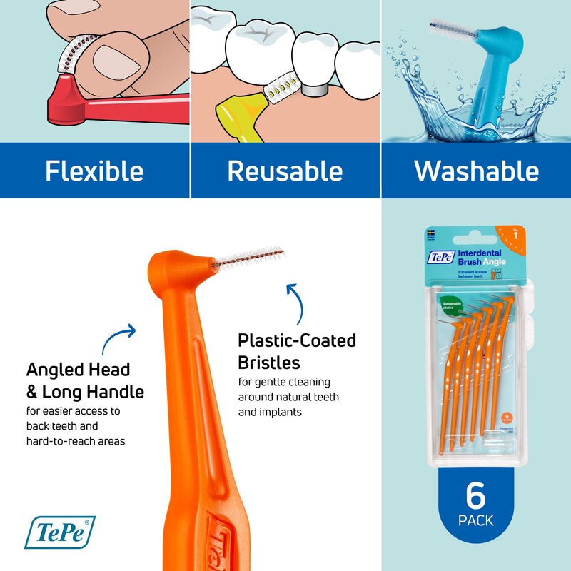 [Australia - AusPower] - TEPE Interdental Brush Angle, Angled Dental Brush for Teeth Cleaning, Pack of 6, 0.45 mm, Extra-Small/Small Gaps, Orange, Size 1 