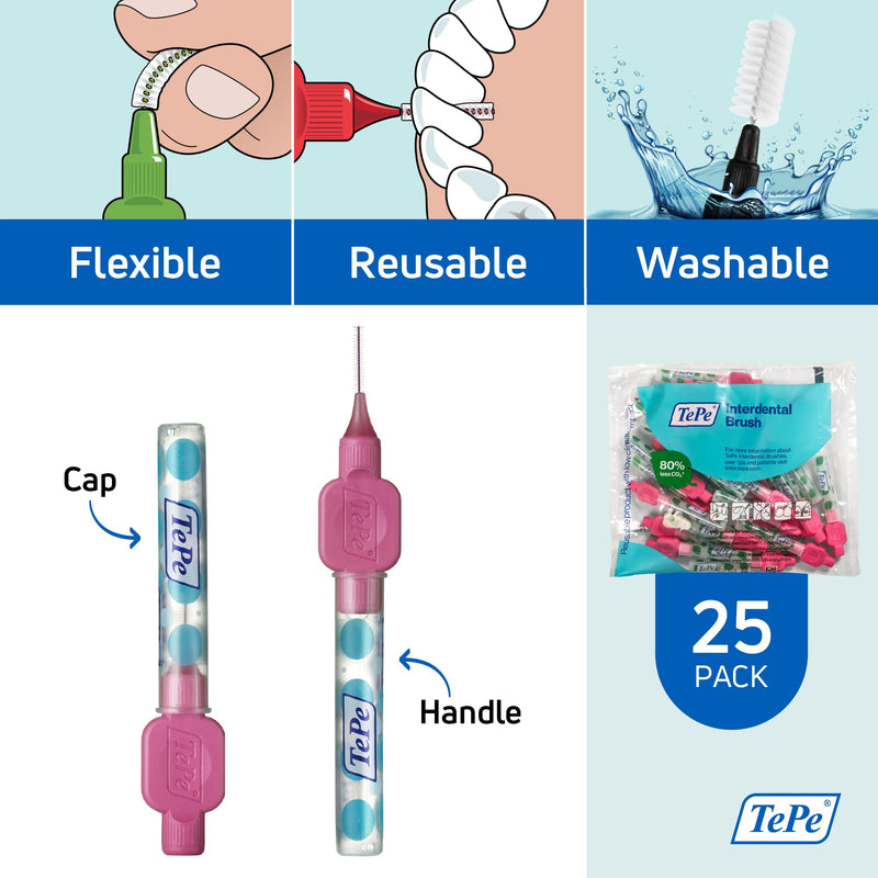 [Australia - AusPower] - TEPE Interdental Brush Original, Soft Dental Brush for Teeth Cleaning, Pack of 25, 0.40 mm, Extra-Small/Small Gaps, Pink, Size 0 25 Count (Pack of 1) 