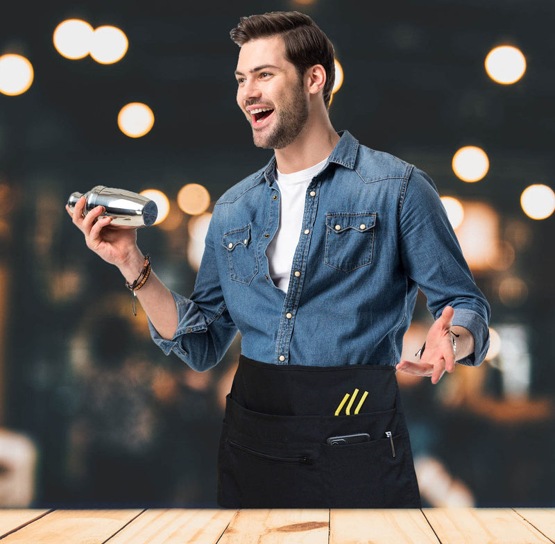 [Australia - AusPower] - 7 Pockets Server Aprons with Zipper Pocket (2 Pack) - Aprons for Women Men - Waiter Waitress Waist Half Apron 24x12 Black 