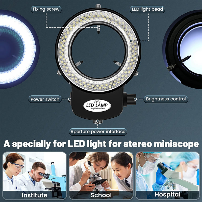 [Australia - AusPower] - Tiamu LED Microscope Ring Light, Optical Stereo Microscope Ring Light, 0-100% Brightness Adjustable, 6000 K Super Microscope Camera Lamp with 144 LED Beads, Jewellery Repair Lamp (EU Plug, Black) 