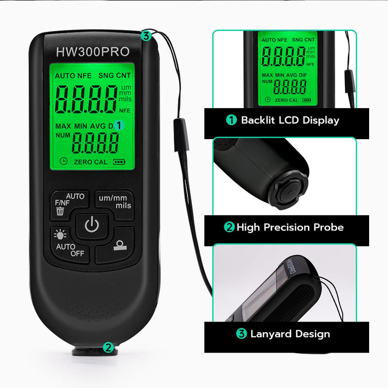 [Australia - AusPower] - Tolesum Digital Coating Thickness Gauge, Car Paint Gauge with Portable Rope, 0-2000 um Paint Thickness Gauge, Car Paint Coating Thickness Gauge for Used Car Buyer, Black 