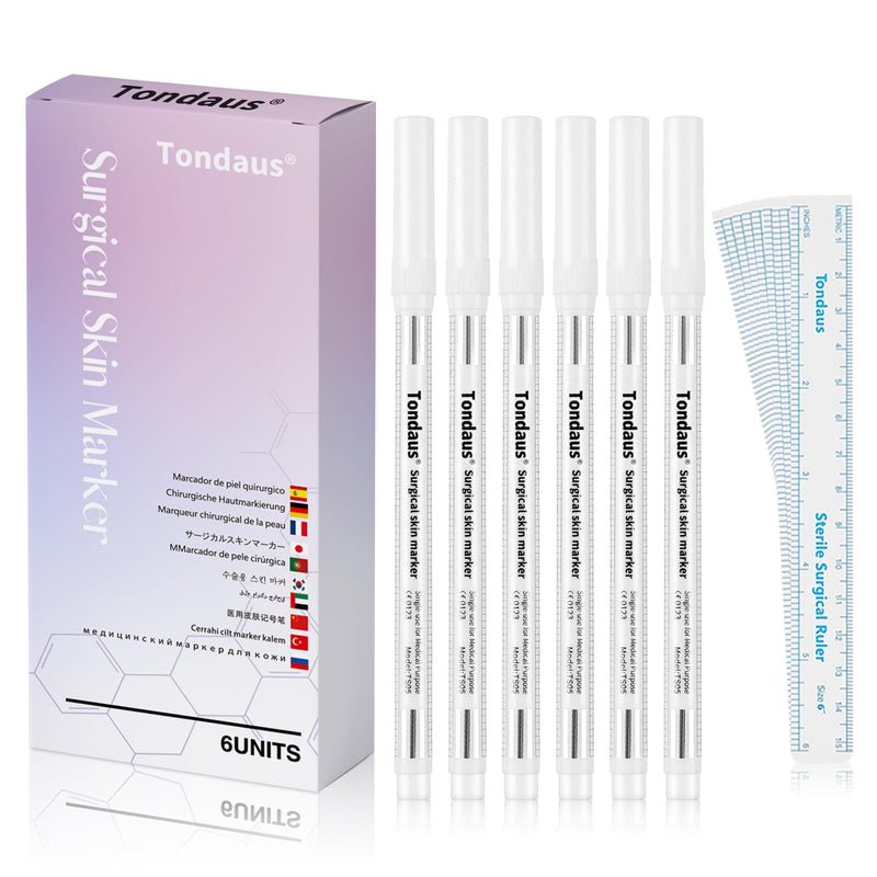 [Australia - AusPower] - 6Pcs Professional Surgical Tip Skin Marker Pen White Stencil Markers Pen with Paper Ruler for Eyebrow, Tattoo Skin Marking Individually Wrapped 1.0 MM 