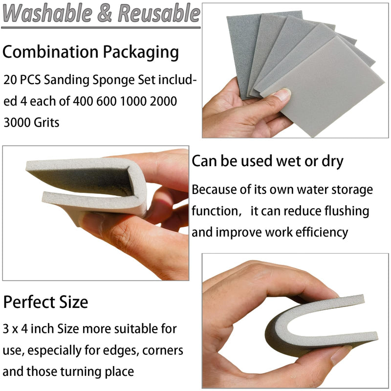 [Australia - AusPower] - 20 Pcs 3 x 4 Inch 400-3000 Grit Sanding Sponge Set, Ultra Fine Sanding Sponges Pads, Soft Foam Hand Sander Block Wet Dry Sandpaper for Model Drywall Metal Wood Furniture Polishing 