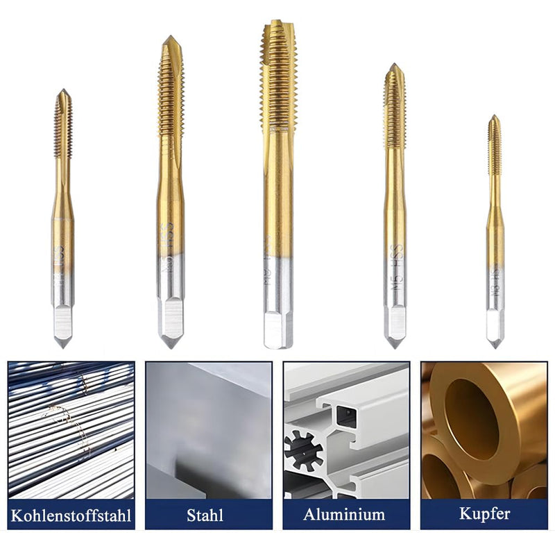 [Australia - AusPower] - Treki 5 Piece Professional Tap Bit Set M3 M4 M5 M6 M8 HSS Titanium Tap Bit Set, Metric Thread Cutting Tap Finishing Tap Machine Tap Bit for Cutting Thread 