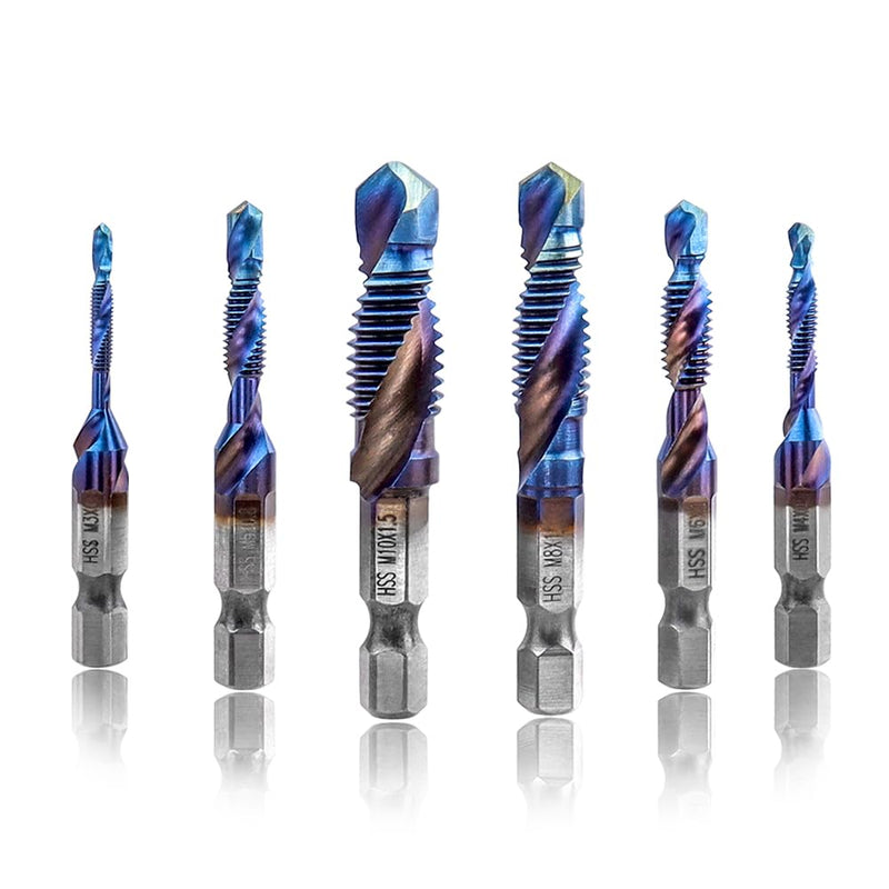 [Australia - AusPower] - Treki 6-Piece Combination Tap Bit Set M3 M4 M5 M6 M8 M10, Manual Tap Set, Spiral Tap with 6.35 mm for Cordless Screwdriver, HSS Hand Tap, Machine Tap Bits Set 