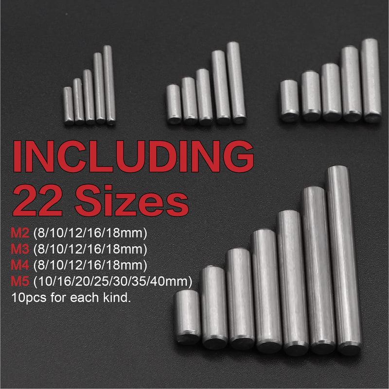 [Australia - AusPower] - 220Pcs 22 Kinds M2 M3 M4 M5 304 Stainless Steel Dowel Pin Cylindrical Shelf Support Peg Pin Rod Fasten Elements Assortment Kit M2/M3/M4/M5 