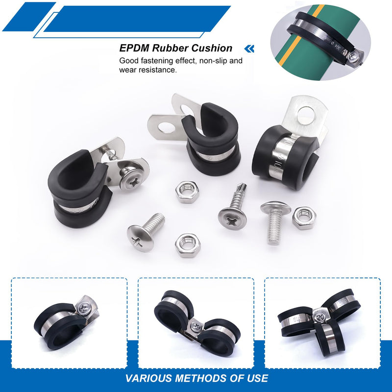 [Australia - AusPower] - Twidec/50PCS 3/8 Inch Cable Clamp 304 Stainless Steel Rubber Coated Cushion Pipe Clamps,Metal Clamp,With Metal Rubber Clips For Automotive Wire Tube Pipe Clamps N-056-3/8 