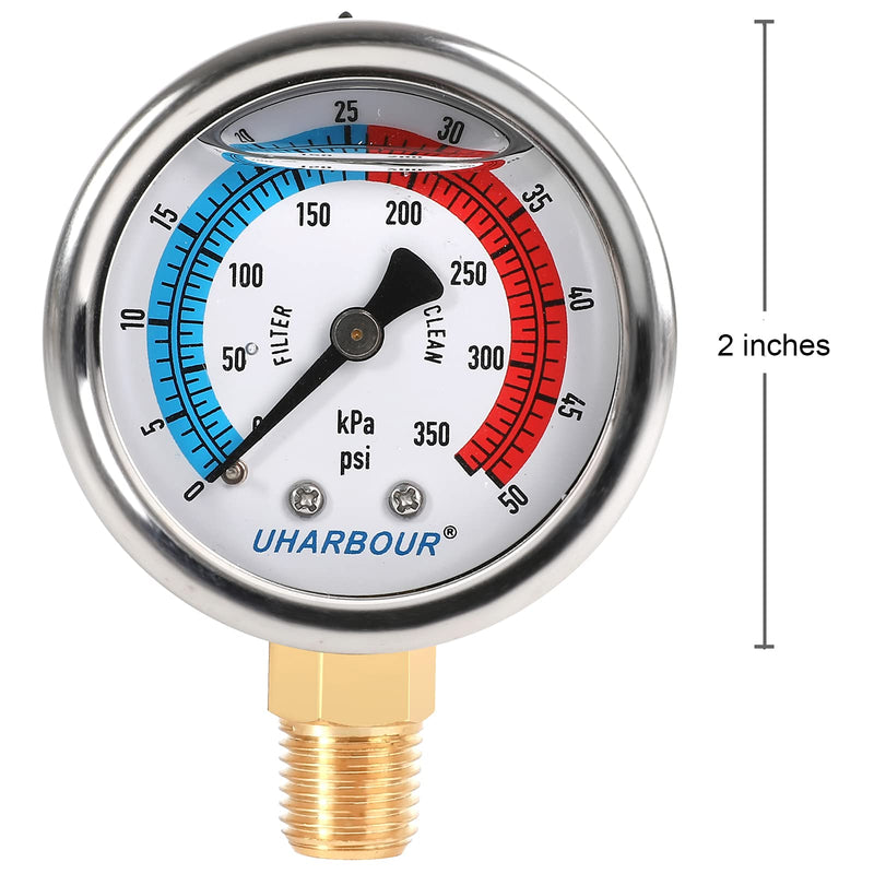 [Australia - AusPower] - Water Pressure Gauge, Glycerin Filled Pool Filter Pressure Gauge 0-50 PSI/350KPA,2" Dial and 1/4"NPT Bottom Mount, including Seal Tape 0-50PSI Lower Mount 