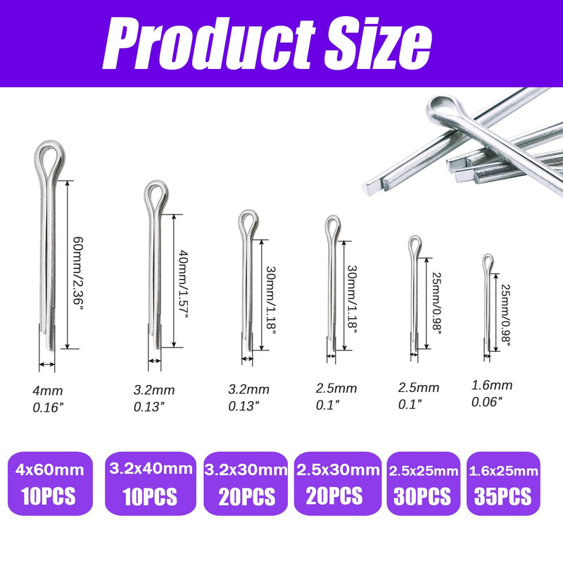 [Australia - AusPower] - 125pcs Cotter Pin Assortment Kit, 6 Sizes 304 Stainless Steel Cotter Pins Set, Split Pin Fastener Clips for Car Mechanics, Lawn Mowers, Trucks, Tractors Repair 125PCS 