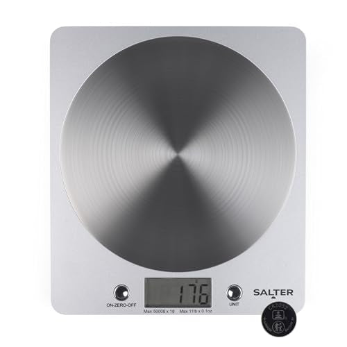 Salter 1036 SVSSDR Disc Digital Kitchen Scale – Electronic Food Scale, Add & Weigh Multiple Ingredients, 5kg Capacity, Aquatronic for Measuring Liquids, Easy Read LCD Display, Includes Battery Silver
