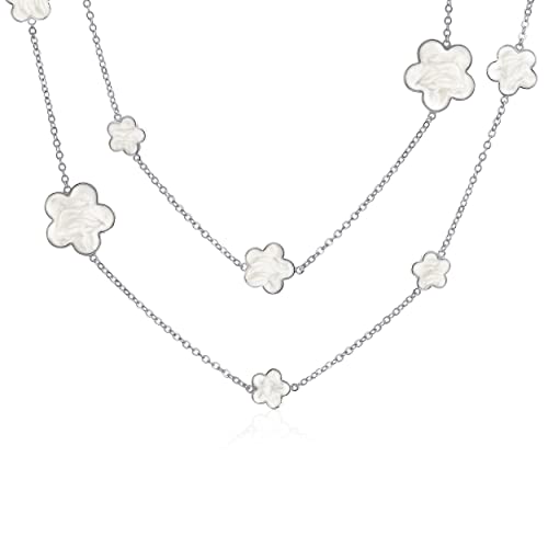 Bling Jewelry White Clover Flower Long Silver Plated Brass Station Tin Cup Chain Wrap Layer Necklace For Women 42 Inch
