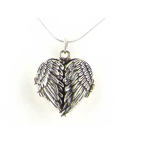 Sterling Silver Unusual Hinged Locket Pendant with Opening Angel Wings & Choice of 16" 18" 20" Sterling Silver Snake Chain Necklace