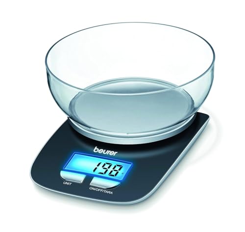 Beurer KS25 Digital Kitchen Scale | With 1.2l weighing bowl | Tare weighing function | Adjustable between kg, g, lb, oz | 3kg weight capacity, black A