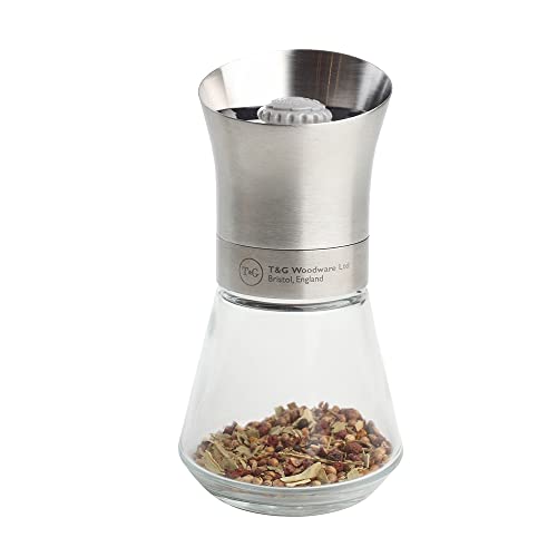 T&G CrushGrind Spice Mill with Stainless Steel Top & Glass Base, 12.5 cm, Whole Dried Herbs Spices Seeds Chilli Flakes/Fully Adjustable Ceramic Manual Grinder Single
