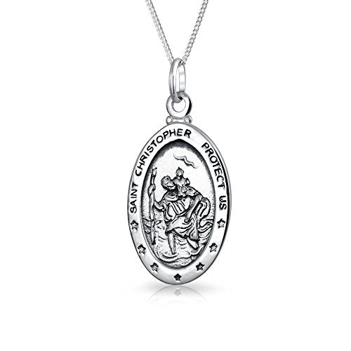 Bling Jewelry Personalized Unisex Religious Medal Medallion Oval Round Saint Theresa Saint Christopher Pendant Necklace For Women Mens Teen Oxidized .925 Sterling Silver Customizable Saint Christopher Oval