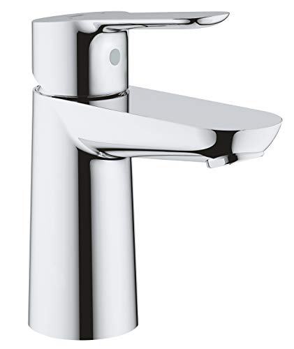 GROHE BauEdge - Smooth Body Single-Lever Basin Mixer Tap (1-Hole Installation, Metal Lever, 28mm Ceramic Cartridge, Water Saving Technology, No Waste Set, Tails 3/8 inch), Size 144mm, Chrome, 23330000 S
