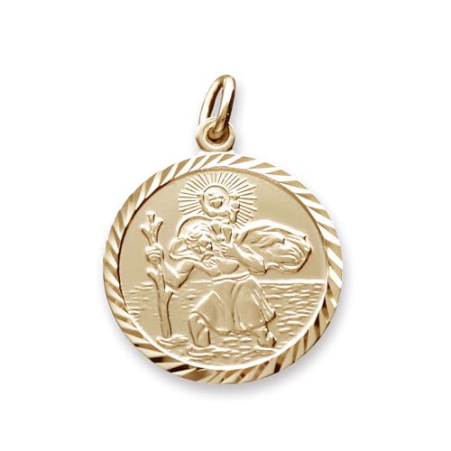 Christopher James of London - Personalised With Your Engraving 9ct Yellow Gold Plated on 0.925 Sterling Silver Round Diamond Cut 19mm St Christopher Pendant In Presentation Gift Box