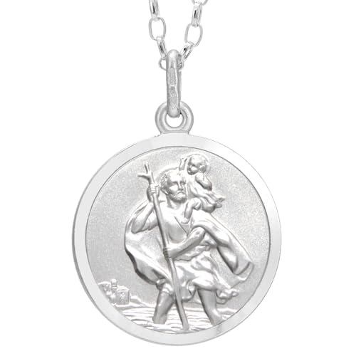 Alexander Castle Reversible 925 Sterling Silver St Christopher Pendant Necklace - 18mm with 18" Sterling Silver Chain & Jewellery Gift Box