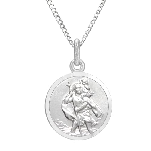 Alexander Castle Small 925 Sterling Silver St Christopher Pendant Necklace - 14mm with 18" Sterling Silver Chain & Jewellery Gift Box - Gift for Christening
