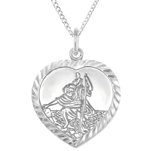 Alexander Castle 925 Sterling Silver St Christopher Pendant Necklace - Heart-Shaped Pendant with 18" Sterling Silver Chain & Jewellery Gift Box