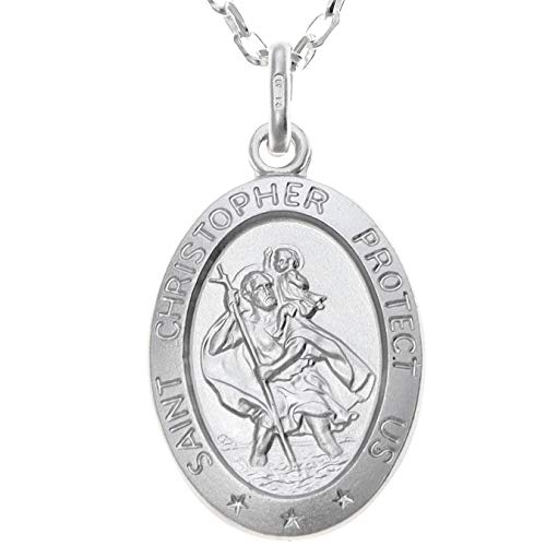 Alexander Castle 925 Sterling Silver St Christopher Pendant Necklace - Oval 21mm x 15mm with 18" Sterling Silver Chain & Jewellery Gift Box